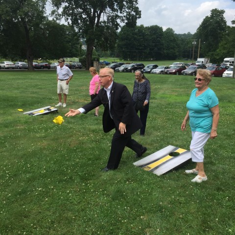 Mayor Mark Boughton joining in the Bean Bag Fun