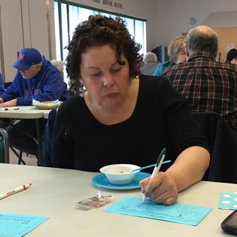 Marion scoring her Shrimp Bisque